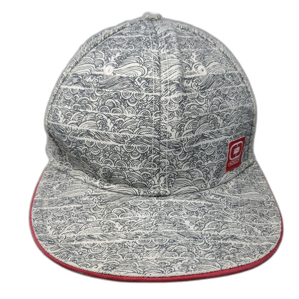 OGIO Baseball Cap Gray White Red One Size Wave Pattern Flat Brim 5 Panel Hat